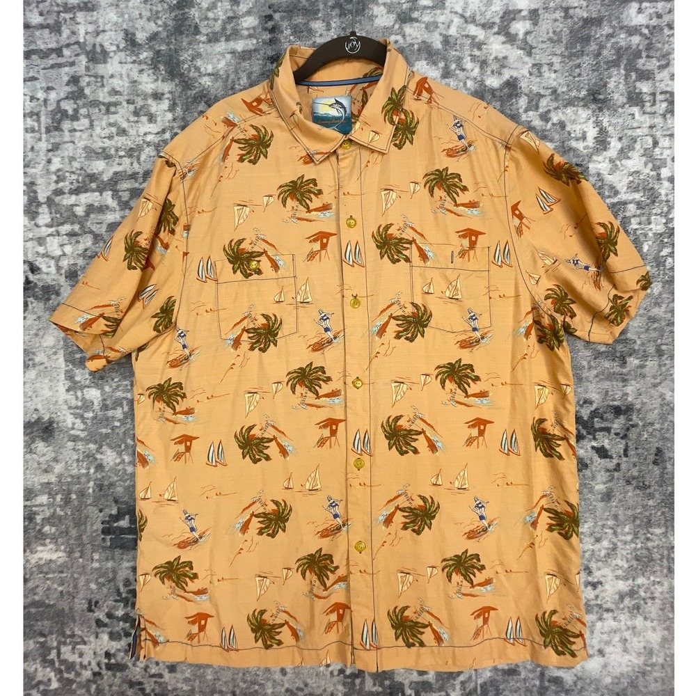 Tommy Bahama Hawaiian Shirt Mens L Orange Silk Palm tree Surfer Sailboats